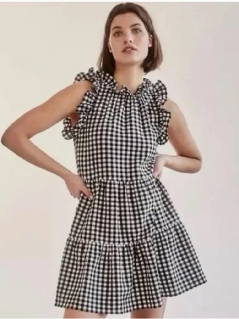 Maeve Black and White Gingham Ruffle Tiered Dress
